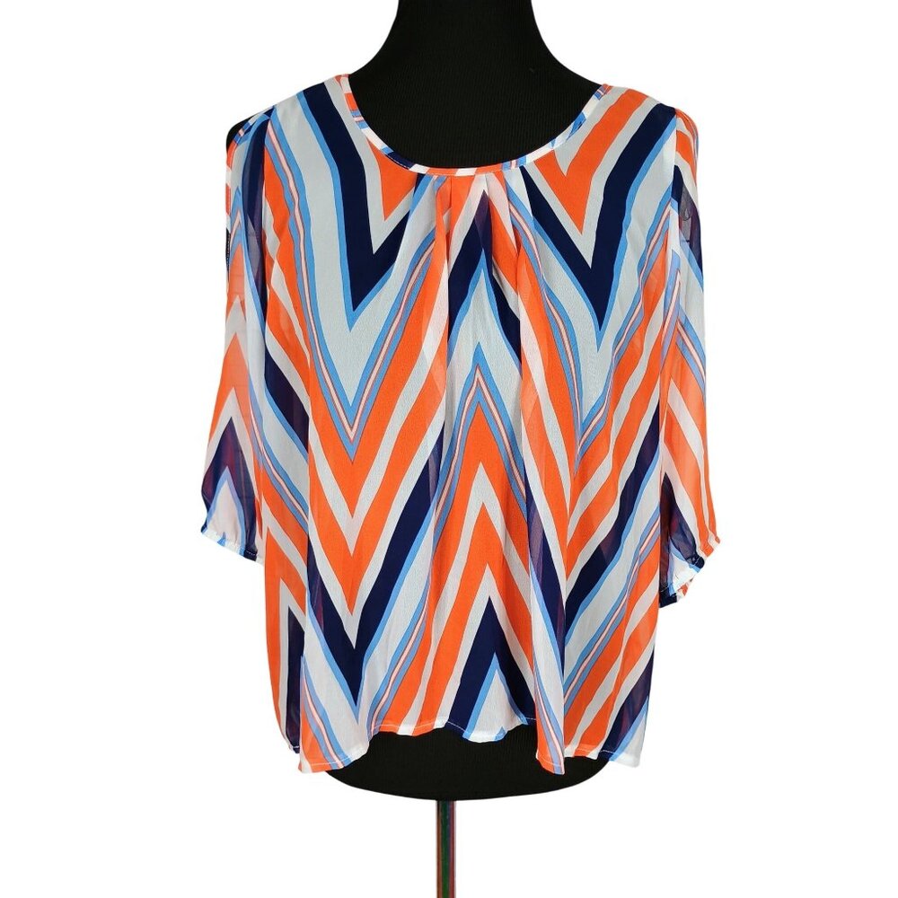 Umgee USA Top Women Small Red Blue Multicolor Sheer Chevron Pullover‎ Blouse